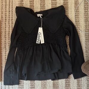 NWT GANNI Black Women's Top with oversized Ruffled Collar 40 M